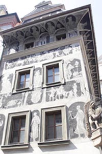 "The House at the Minute" with sgraffito art. Old Town Square, Prague Czech Republic