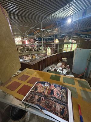 St Augustine of Hippo fresco sgraffito cycle, scaffold wide shot