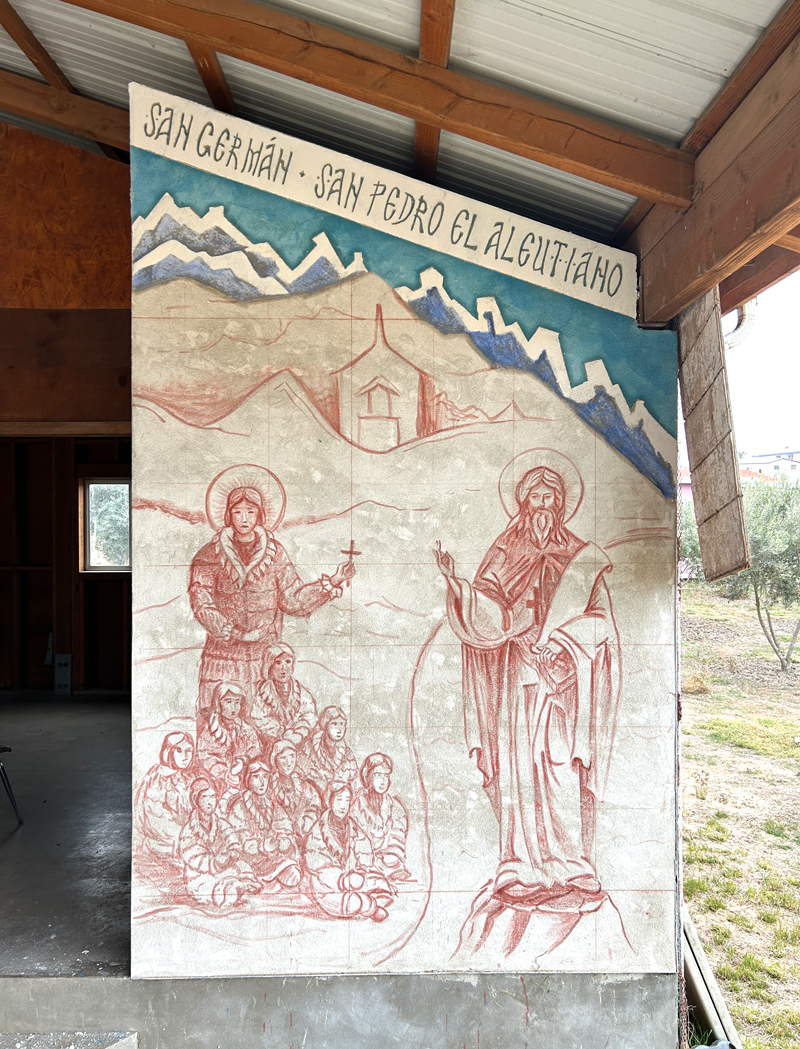 St Herman St Peter The Aleut mountains sky giornata sgraffito fresco by iLia Anossov