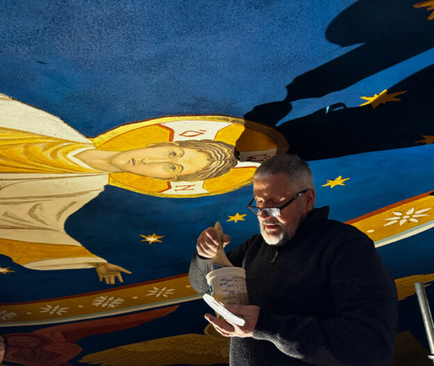 iLia Fresco (Anossov) working on Pantocrator buon fresco sgraffito on the ceiling of St Augustine of Hippo Cathedral