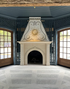Celestial Fresco Sgraffito Fireplace Mantel by iLia Fresco in situ front view